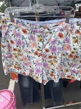 crown & ivy Floral Jean Shorts - White with Purple, Pink & Yellow Flowers